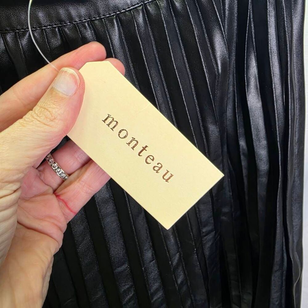 Monteau Los Angeles Black Pleated Faux Leather Midi Skirt Size Small - Picture 6 of 10